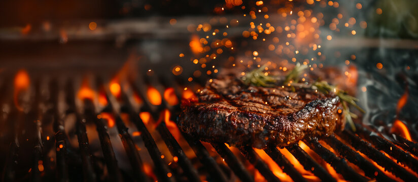 A juicy steak grilling over flames with herbs on top, ideal for BBQ parties, summer holidays, and Father's Day celebrations