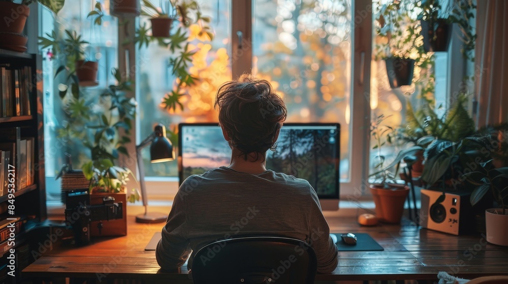 Poster an individual sits at a desk in front of a computer, surrounded by plants and books. the desk is sit