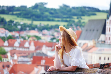 Girl tourists smiling with beautiful Panoramic view of Cesky krumlov ,Czech Republic landmark of...