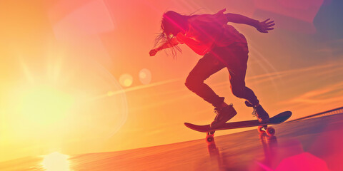 Naklejka premium Sports (Skateboard): A figure riding a skateboard, symbolizing the skateboarding trend of the 1970s