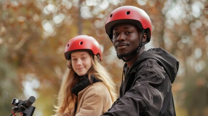 Smiling Multiethnic Couple in Helmets ride electric scooters on a city street in Autumn. Generative ai
