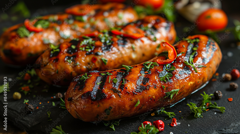 Canvas Prints Juicy grilled sausages garnished with fresh herbs and red pepper slices, perfect for summer BBQ parties, Oktoberfest celebrations, and delicious comfort food concepts