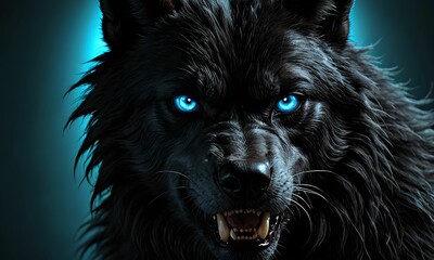 Naklejka premium wallpaper representing a black werewolf with blue eyes. Scary atmosphere.