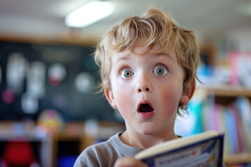 Surprised boy with blond hair reads in a classroom, eyes wide and mouth open in wonder. Background is blurry with bookshelves and toys