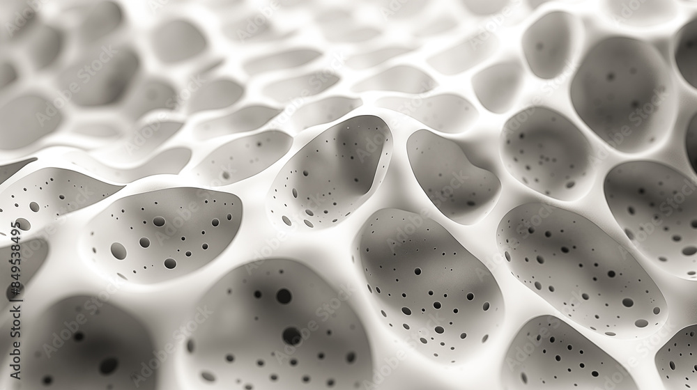 Poster close-up view of a porous surface resembling a sponge or foam, ideal for concepts related to structu