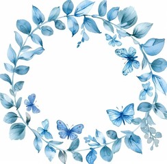 Fototapeta premium Watercolor wreath of butterflies and leaves in indigo blue 