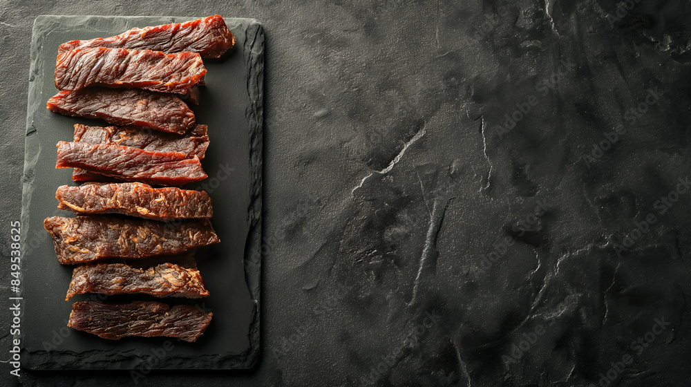 Wall mural Slices of seasoned beef jerky arranged on a dark slate background, perfect for concepts of snack foods, protein-packed lunches, or rustic culinary photography - Wall murals