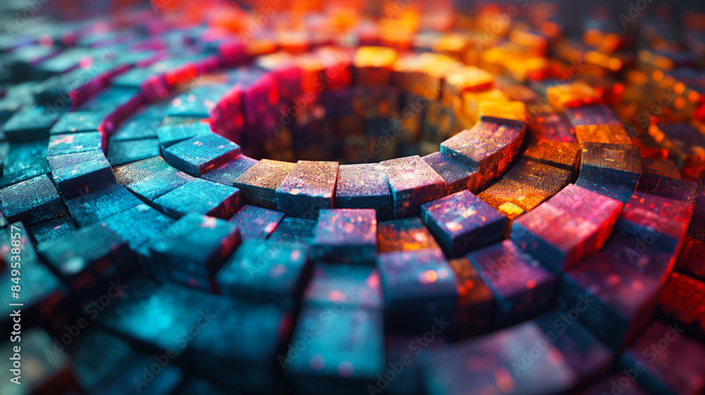 Poster vibrant circular arrangement of glowing 3d blocks creates a mesmerizing abstract pattern, perfect fo