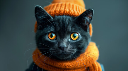 Adorable Black Cat in Cozy Orange Hat and Scarf: Cute Feline with Striking Amber Eyes Dressed in Warm Winter Clothes for a Charming and Cozy Portrait