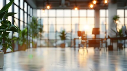 Beautiful blurred background of a light modern office interior with panoramic windows and beautiful lighting.