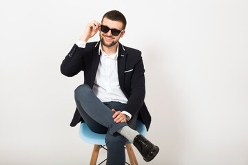 young handsome stylish hipster man in black jacket, business style