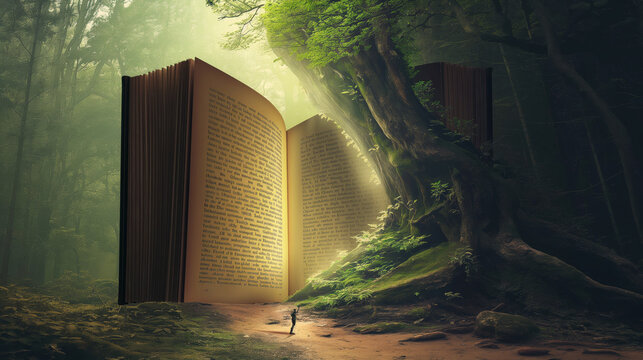 A small figure standing at the entrance to a massive open book with pages leading into an enchanted forest scene.