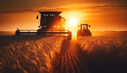 Fototapeta premium Sunset harvest, Combine harvester and tractor in golden wheat field, beautiful silhouette