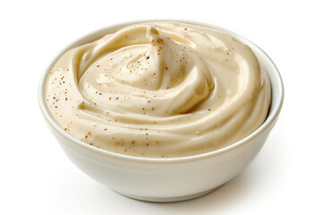 Bechamel sauce white bowl close-up isolated on white background, natural healthy gourmet, organic food. Culinary traditional ingredients