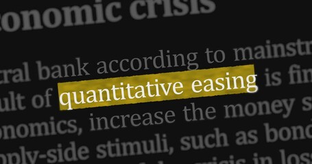 Quantitative easing central bank monetary policy news titles across international web media search. Abstract concept of internet headline information on dynamic displays animation.