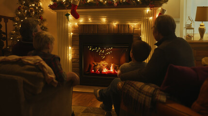 Family gathered in front of an electric fireplace in a cozy living room on Christmas Eve.