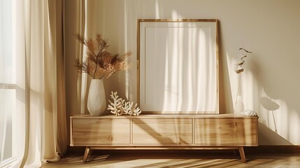 Modern Home space neutral colors minimalist interior, Wooden frame mockup, Living Room 3d rendering