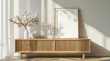 Modern Home space neutral colors minimalist interior, Wooden frame mockup, Living Room 3d rendering
