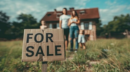 A family standing in the front yard with a for sale sign on their house, the background blurred in a bokeh effect.
