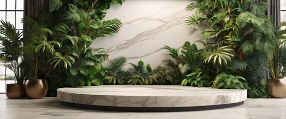 Obraz premium Empty marble top product display showcase stage with tropical lush jungle leaves background
