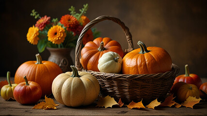 Autumn Harvest with Pumpkins in Autumn of Rustic Setting