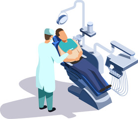 isometric dentist appointment in dental chair with patient and doctor, vector illustration