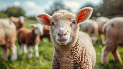 Obraz premium A young lamb, with fluffy white and brown fur, looks directly at the camera at a farmers market, likely in Morgansovka