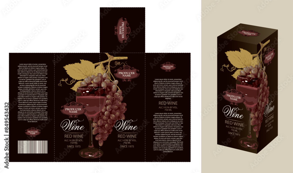 Poster vector mockup template of cardboard packaging box for red wine with realistic pattern of grapes and 