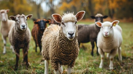 A group of sheep graze in a field, surrounded by autumn foliage. The sheep are various colors, including white, brown, and black, and they look peaceful and content