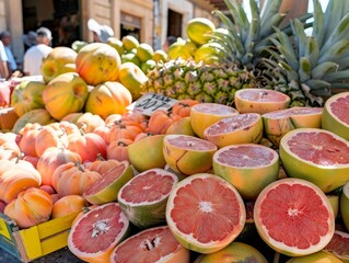 Close-up of various fresh fruits at an outdoor market.
