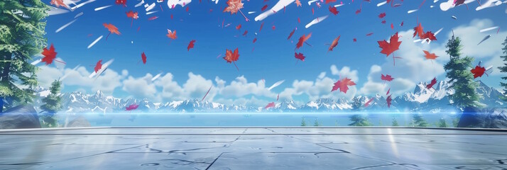 Autumn leaves falling over mountain landscape, concept of nature and seasons