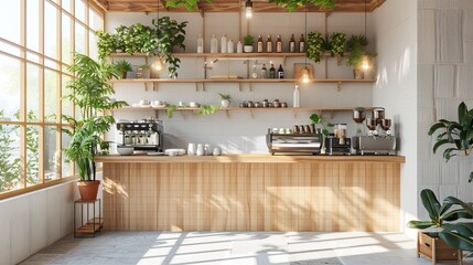 a coffee shop interior with a white tiled bar, wooden counter, and green chairs, showcasing both front and side views against a white brick wall background.