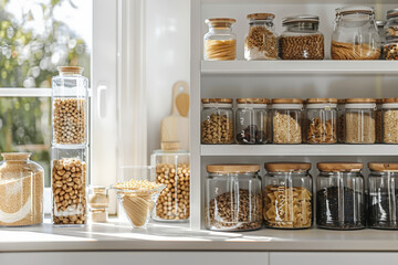 Glass jars filled with food are sitting on a shelf in a bright kitchen, demonstrating the concept of storage organization