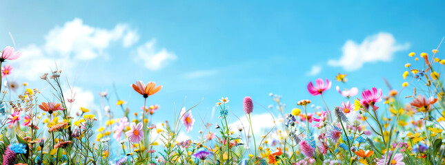 Wildflowers against a bright blue sky. Macro shot photography. Springtime and nature beauty concept