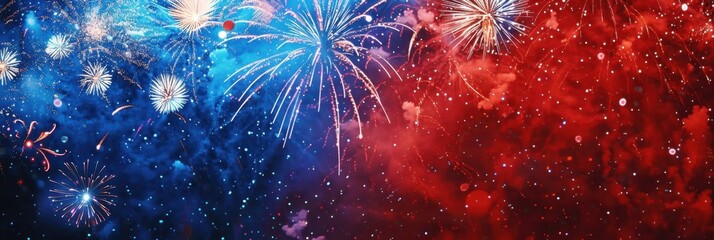 A vibrant display of red, white and blue fireworks illuminating the night sky Generative AI