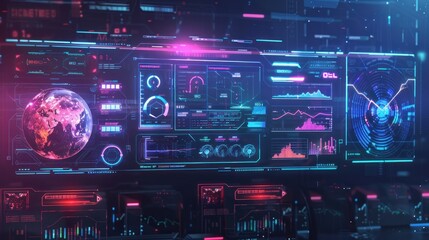 Obraz premium Technology digital cyber control display hologram elements abstract panel HUD interface Background AI generated image