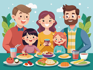 A family smiling and enjoying their meal