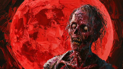 Skeletal face of a decaying infected zombie male with a red blood moon background.