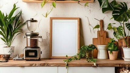 a rustic coffee station adorned with coffee pot, beans, vintage pepper mill, and accessories, featuring an empty wooden frame mockup on the wall and a large wood board for decoration.