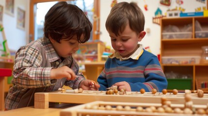 Engaged young children exploring Montessori materials in a hands-on learning environment, emphasizing child-centered and self-directed education for holistic development.