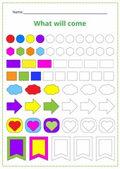 A printed sheet of a workbook with geometric shapes.  Logical work.What comes next? Draw it! Vector illustration.