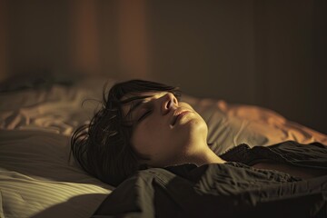 A person lies in bed in a dim room, their eyes fixed on the ceiling, reflecting a sense of emptiness and despair. Generative AI