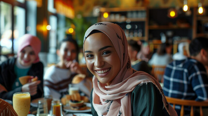Diverse friends laughing together in a restaurant.