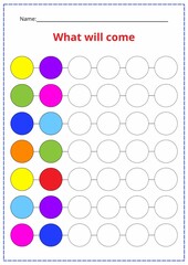 A printed sheet of a workbook with geometric shapes.  Logical work.What comes next? Draw it! Vector illustration.