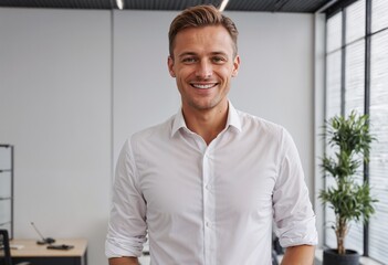 Fototapeta premium Handsome Man wearing white shirt stands in an office confidently
