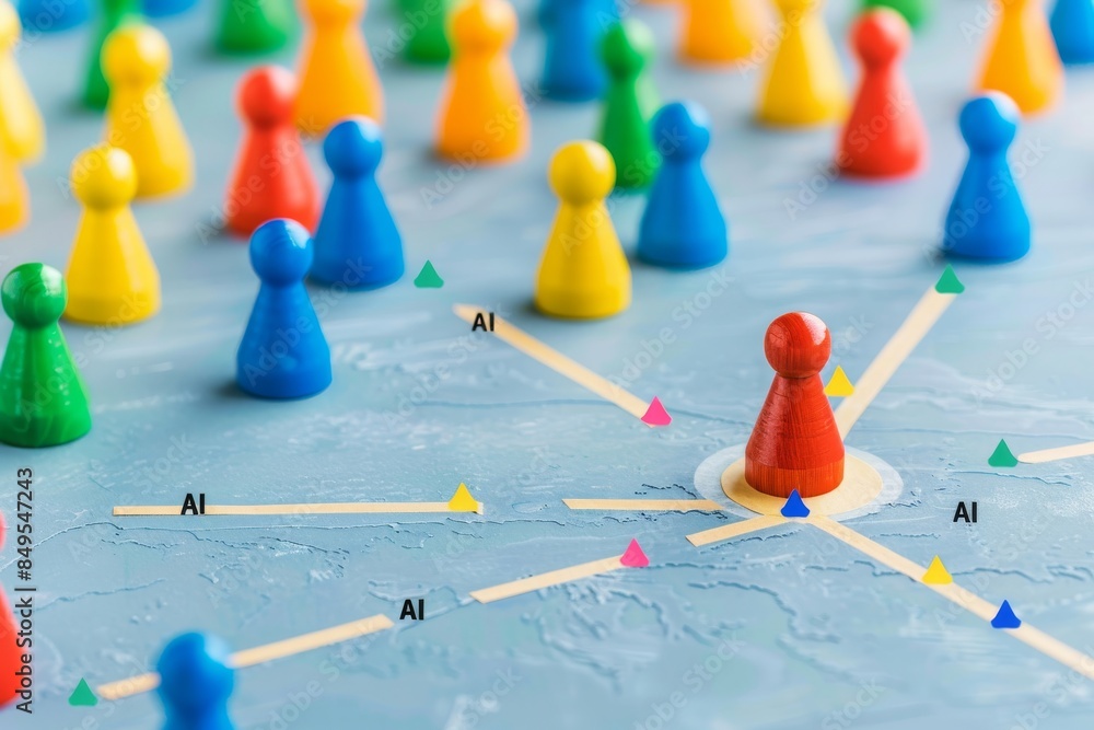 Poster strategic planning in ai development shown through a metaphorical board game with colorful pieces an