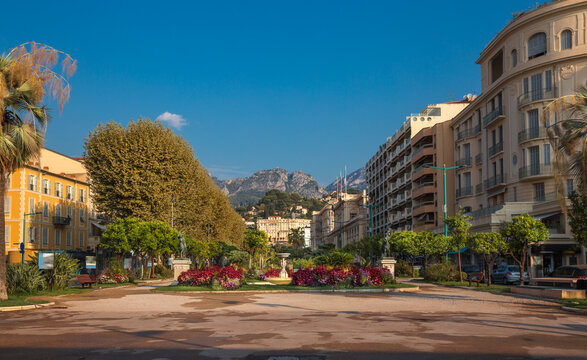 The view of the public garden Jardins Bioves in the morning -  Menton, Cote D'Azur, France