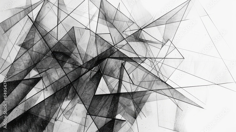 Poster complex, abstract composition of overlapping geometric shapes, primarily triangles and lines, creati