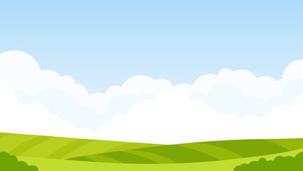 Rural landscape of green field, blue sky and white clouds