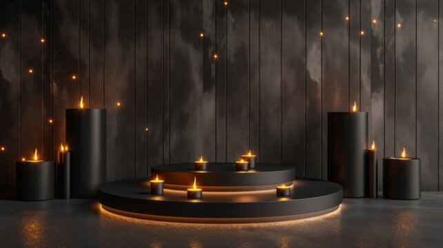 Black and gold podium abstract scene with candles. Empty stage minimalistic design background. Stand product showcase on green background with tree Christmas.